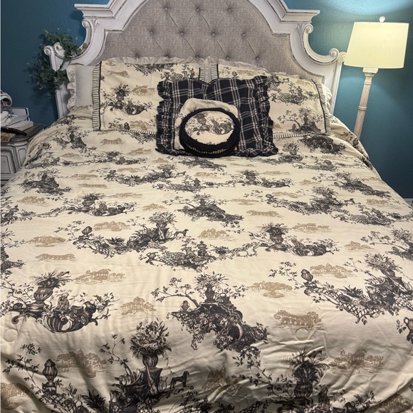 ROSE TREE HOME cream and black toile French country queen bedding set 7 pieces - Picture 1 of 16
